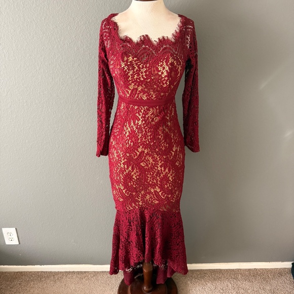 L'atiste By Amy Lace Party Dress Sz S Hi Low Hem Long Sleeve Dark Red Mermaid - Picture 8 of 9